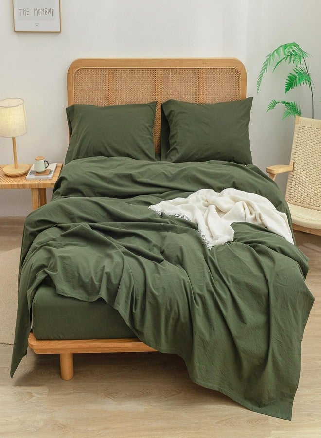 BESTOUCH Sheet Set 100% Washed Cotton Linen Feel Super Soft Comfortable Chic Lightweight 4 Pcs Home Bedding Set Solid Olive Green Full - Image 3