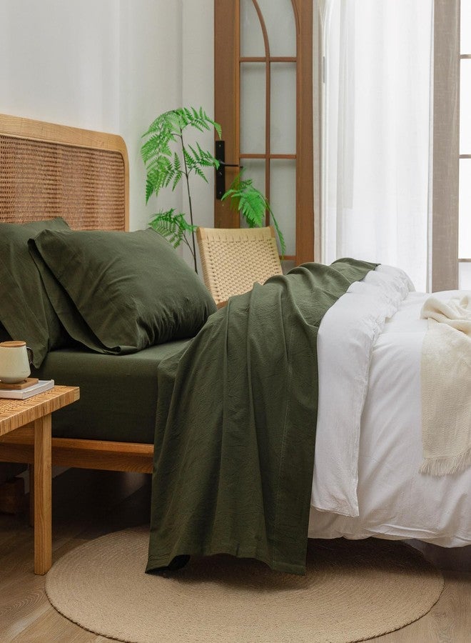 BESTOUCH Sheet Set 100% Washed Cotton Linen Feel Super Soft Comfortable Chic Lightweight 4 Pcs Home Bedding Set Solid Olive Green Full - Image 1