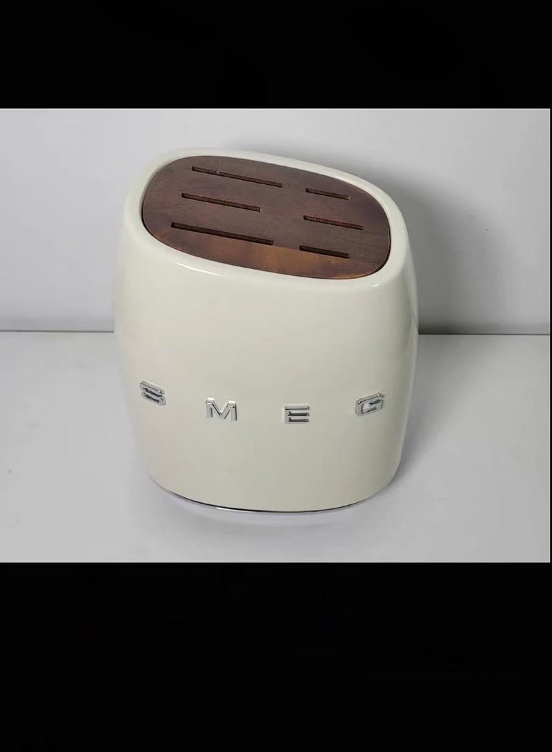 سميج SMEG ، حامل سكين من الفولاذ المقاوم للصدأ مصقول من الكروم وحامل أخدود سكين خشبي دائري سبيكة ، أبيض حليبي (سكين من الفولاذ المقاوم للصدأ غير مدرج)