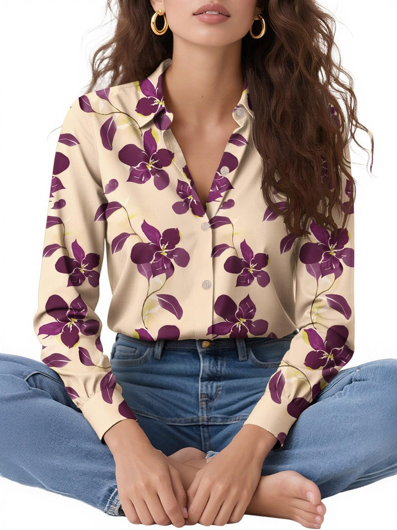 COUXILY Womens Button Up Silk Shirt Trendy Floral Tops Dressy Casual Blouses Long Sleeve Fall Shirts for Women Purple Flower Ladies Button Down Fashion Trends Dress Wrinkle Free Floral 01 L - Image 5