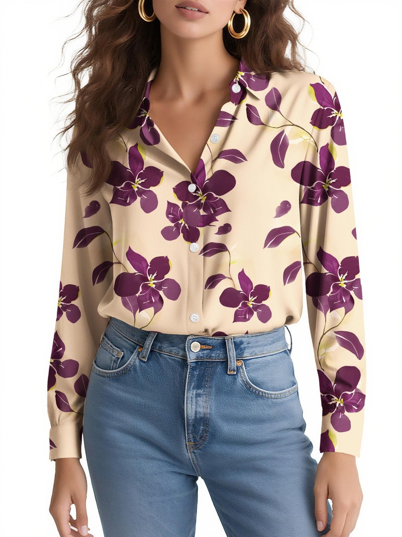 COUXILY Womens Button Up Silk Shirt Trendy Floral Tops Dressy Casual Blouses Long Sleeve Fall Shirts for Women Purple Flower Ladies Button Down Fashion Trends Dress Wrinkle Free Floral 01 L - Image 2