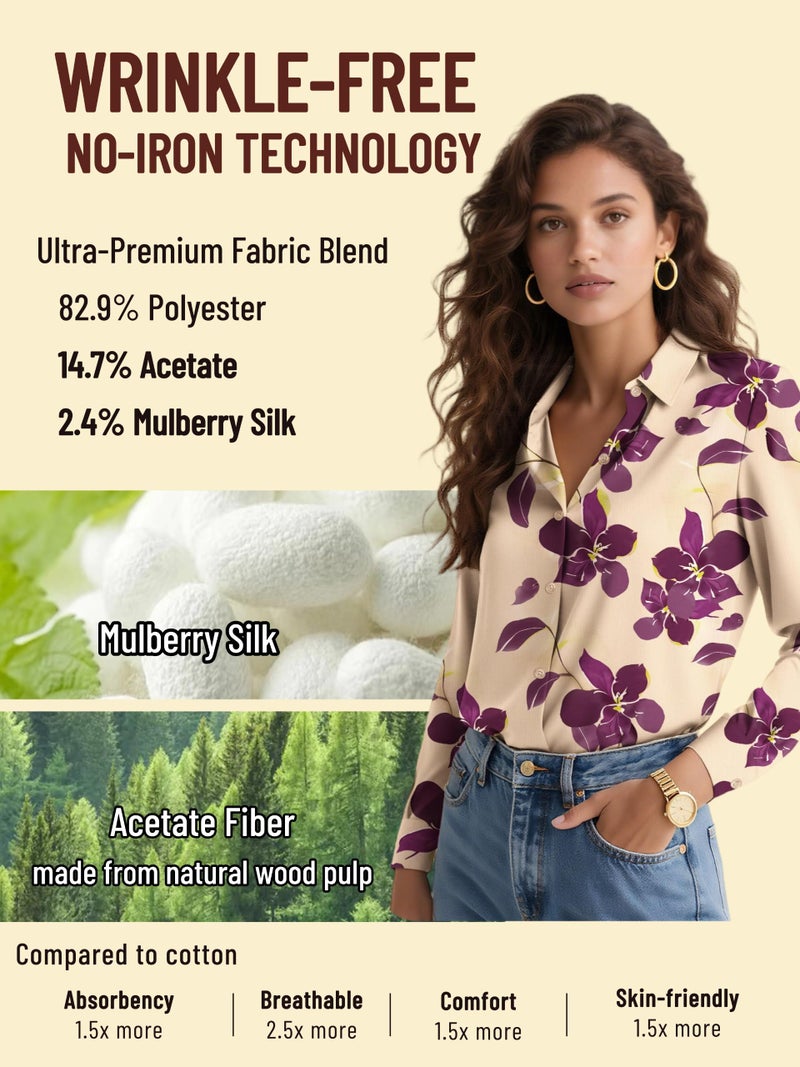 COUXILY Womens Button Up Silk Shirt Trendy Floral Tops Dressy Casual Blouses Long Sleeve Fall Shirts for Women Purple Flower Ladies Button Down Fashion Trends Dress Wrinkle Free Floral 01 L - Image 3