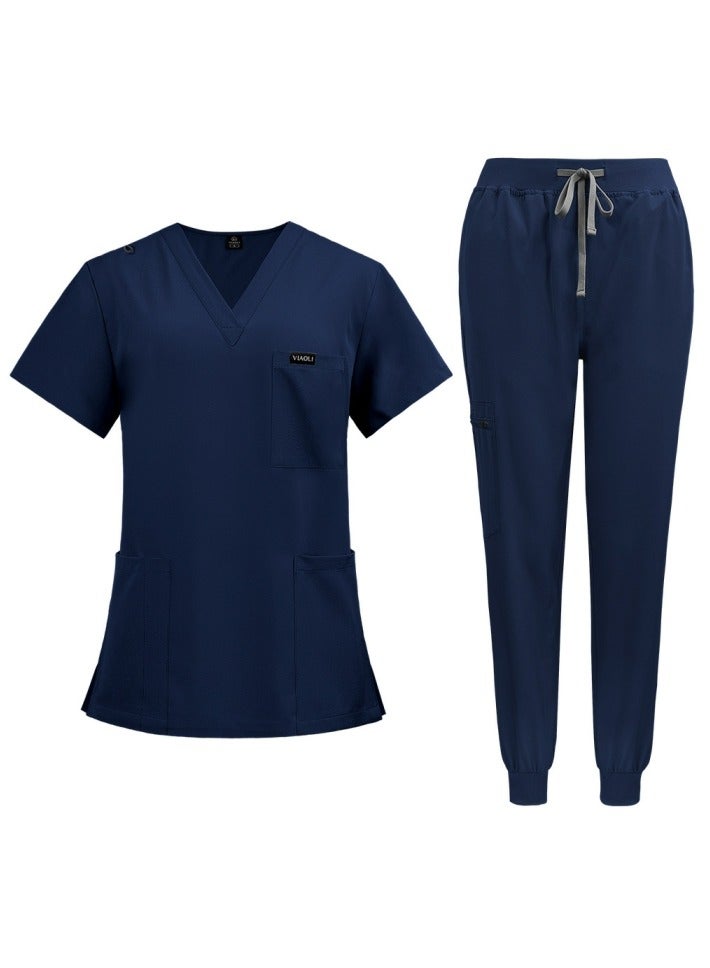 Loquat Solid Color Medical Uniform Scrubs 2 Piece Set V-Neck Top and Jogger Pants Suit Navy Blue - Image 1