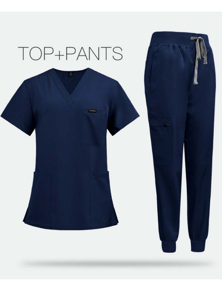 Loquat Solid Color Medical Uniform Scrubs 2 Piece Set V-Neck Top and Jogger Pants Suit Navy Blue - Image 2