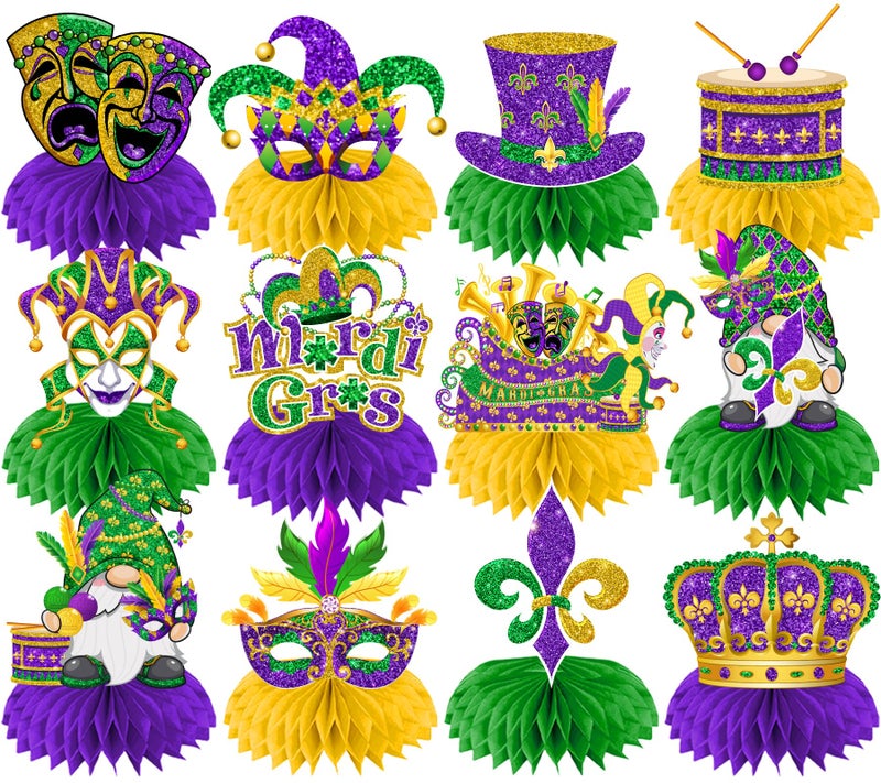 ILUIGGW Masquerade Mask Honeycomb Centerpieces 12Pcs Glitter Fat Tuesday Decorations Centerpiece Table Decorations 3D Table Centerpieces for Masquerade New Orleans Fat Tuesday Decorations - Image 3