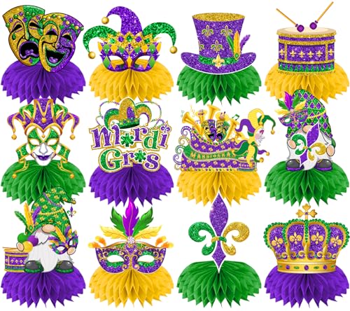 ILUIGGW Masquerade Mask Honeycomb Centerpieces 12Pcs Glitter Fat Tuesday Decorations Centerpiece Table Decorations 3D Table Centerpieces for Masquerade New Orleans Fat Tuesday Decorations - Image 1