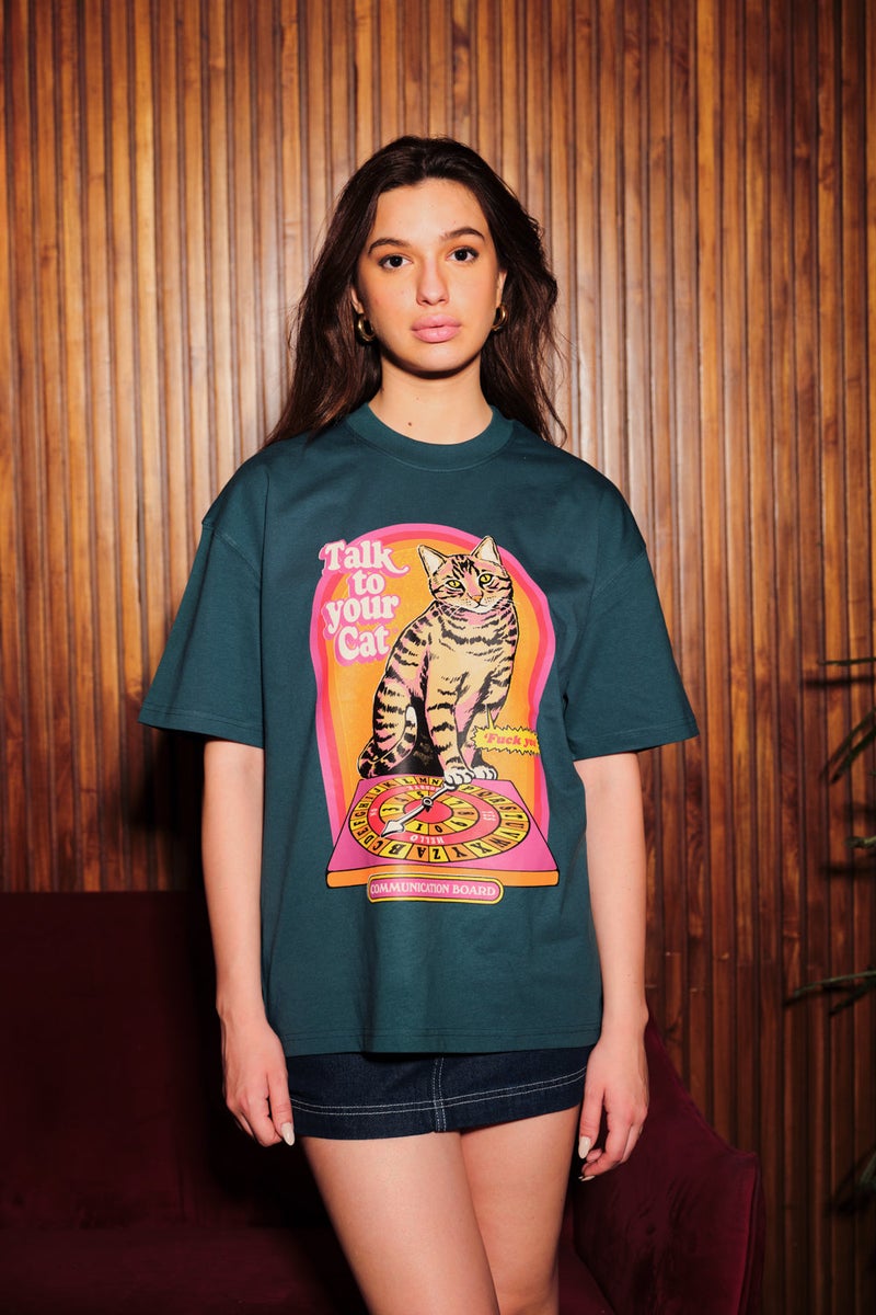 Bonkers Corner Talk To Your Cat Green Oversized T-Shirt for Women's - Image 2