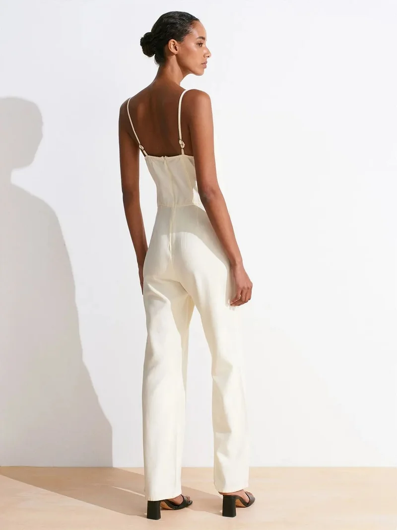 ديلفين Dilvin Belted Wide-leg V-neck Jumpsuit
