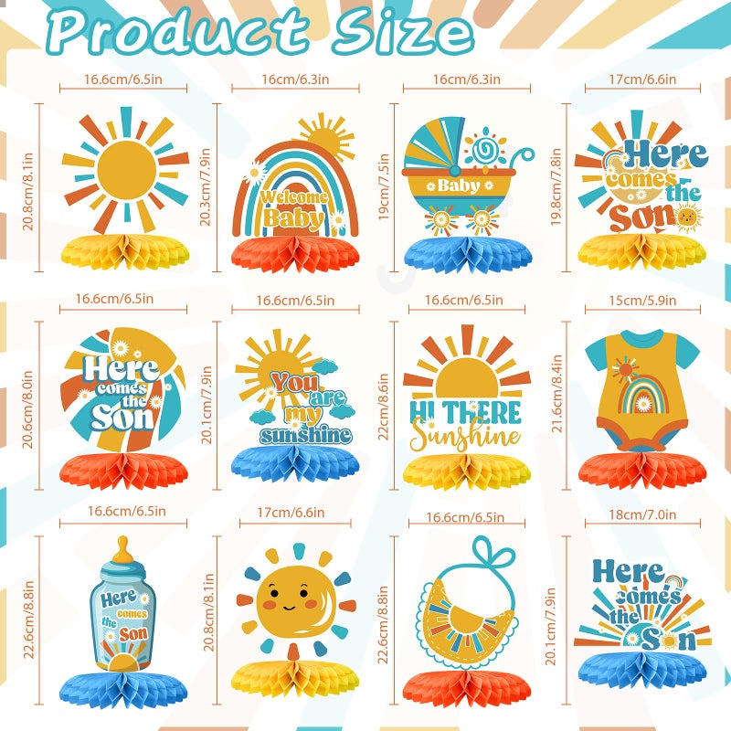 Tarklanda 12PCS Here Comes The Son Baby Shower Decorations Honeycomb Centerpiece Boho Baby Shower Rainbow Sun Party Table Decor Retro Sunshine Table Toppers Honeycomb for Birthday Gender Reveal - Image 2