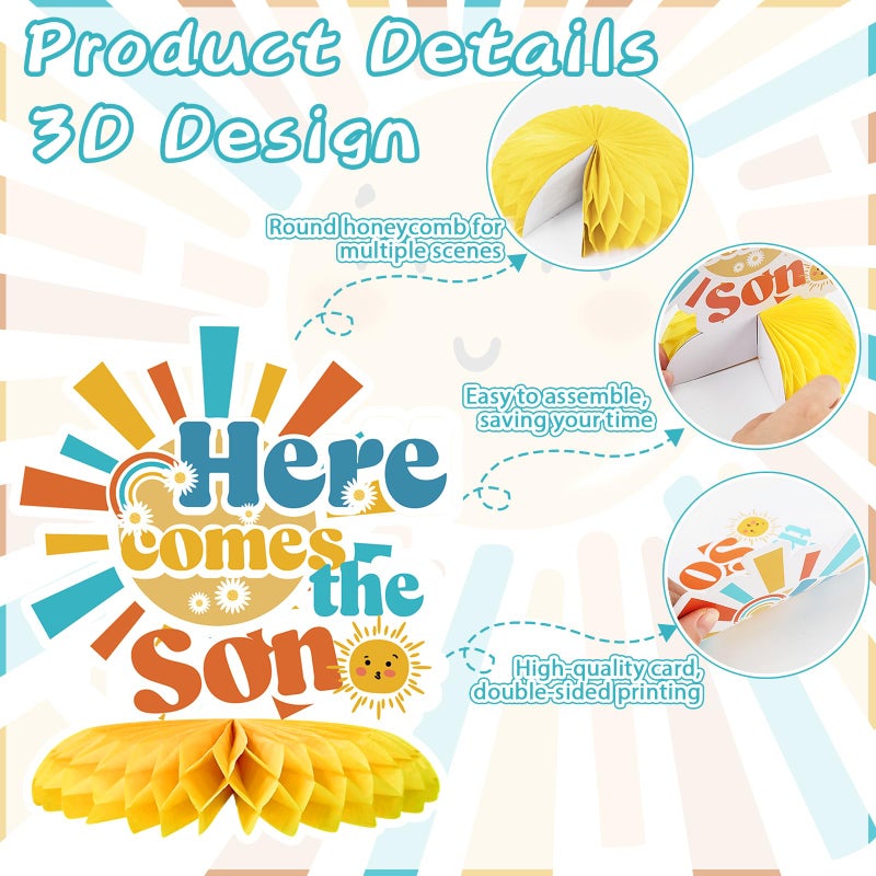 Tarklanda 12PCS Here Comes The Son Baby Shower Decorations Honeycomb Centerpiece Boho Baby Shower Rainbow Sun Party Table Decor Retro Sunshine Table Toppers Honeycomb for Birthday Gender Reveal - Image 3