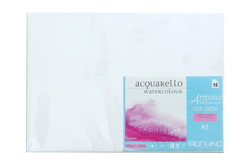 FABRIANO Artistico Traditional White Watercolour paper, 100% cotton – Hot Pressed, 300 GSM, Size A5, 15 Sheets|Ideal for watercolour, drawing, with tempera, gouache, acrylic, ink, charcoal, graphite. - Image 1