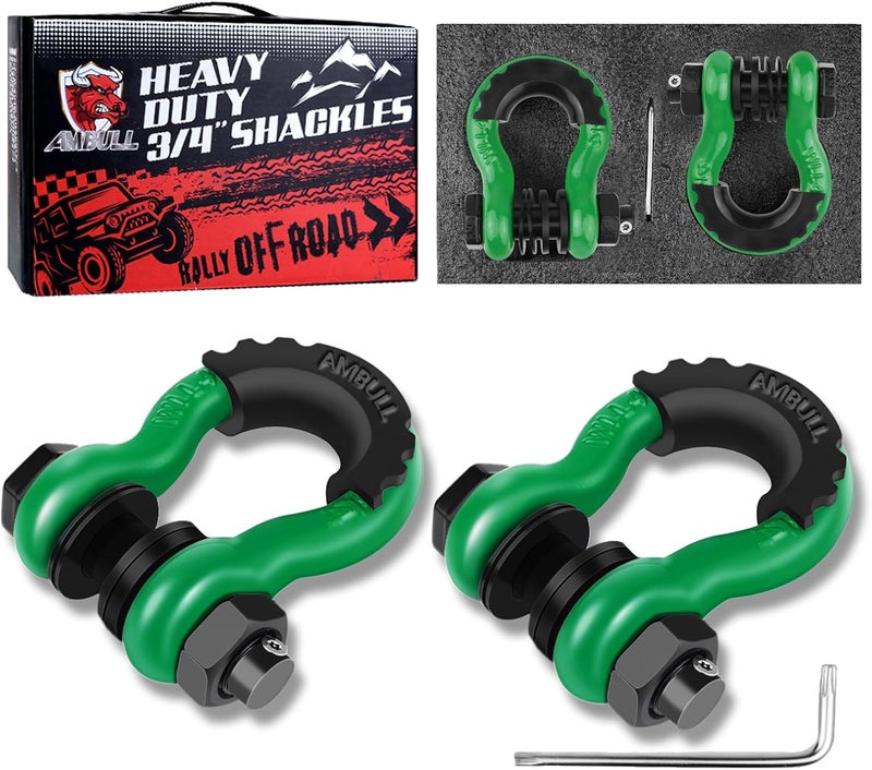 AMBULL Shackles 3/4" D Ring Shackle (2 Pack) 45,000lb Break Strength with 7/8" Pin, Anti Theft Security Screws, Isolator & Washer Kits for Use with Tow Strap Winch Truck Vehicle Recovery, DarkGreen - Image 1