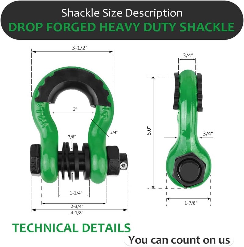AMBULL Shackles 3/4" D Ring Shackle (2 Pack) 45,000lb Break Strength with 7/8" Pin, Anti Theft Security Screws, Isolator & Washer Kits for Use with Tow Strap Winch Truck Vehicle Recovery, DarkGreen - Image 5