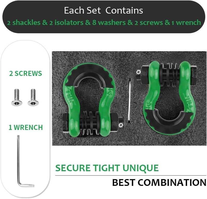 AMBULL Shackles 3/4" D Ring Shackle (2 Pack) 45,000lb Break Strength with 7/8" Pin, Anti Theft Security Screws, Isolator & Washer Kits for Use with Tow Strap Winch Truck Vehicle Recovery, DarkGreen - Image 3