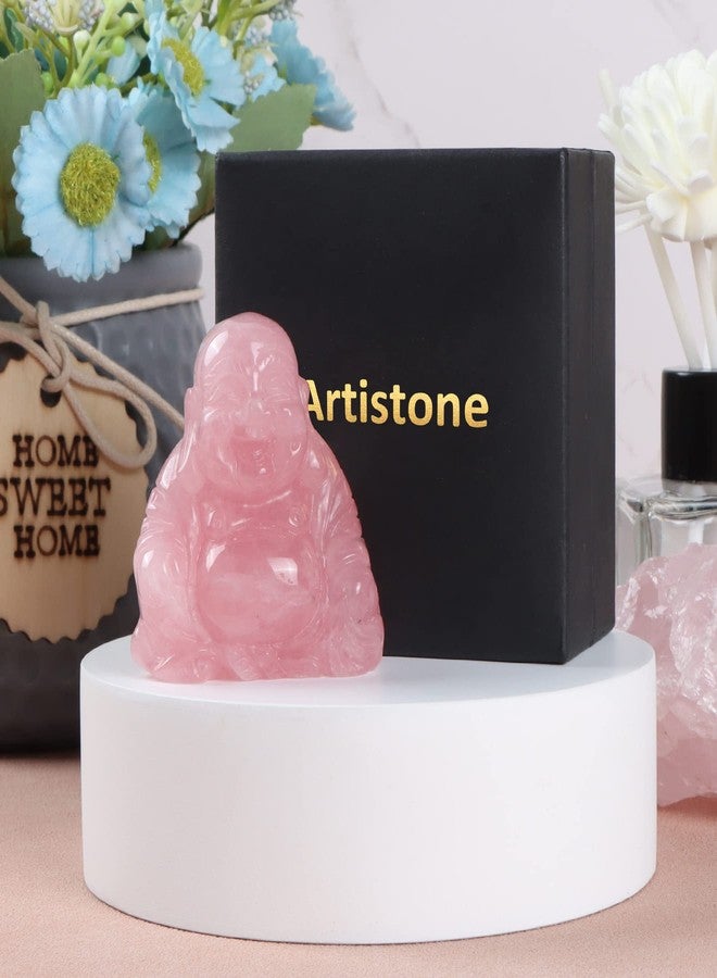 Artistone تمثال بوذا الضاحك من الكوارتز الوردي من أرتيستون، مقاس 2 بوصة، منحوت يدويًا من الكريستال العلاجي، تمثال بوذا جالس، ديكور فنغ شوي، هدايا - Image 4