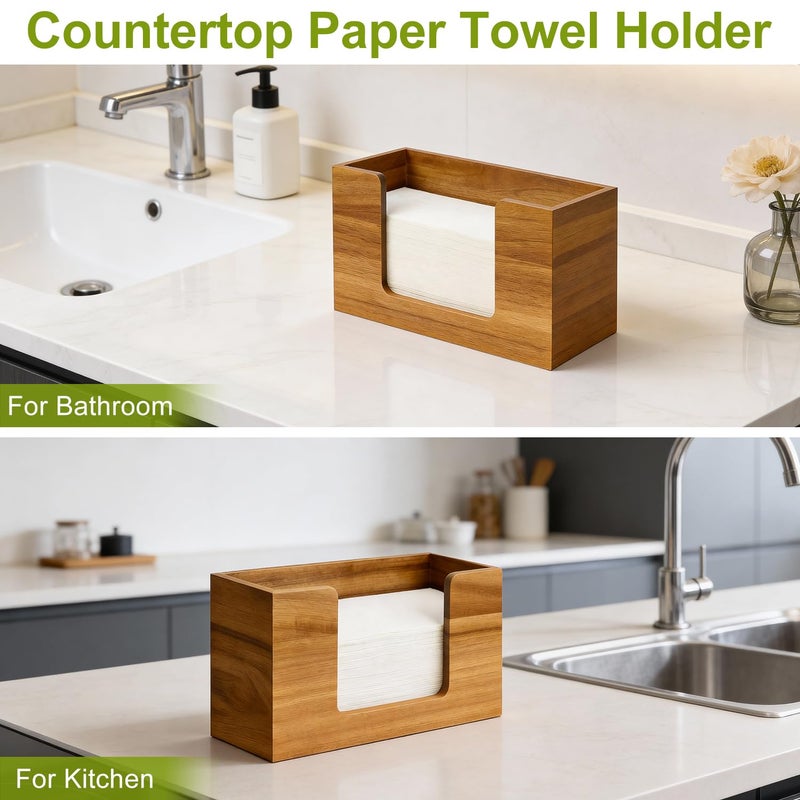 Hilislog Acacia Wood Paper Towel Dispenser Countertop Wooden Paper Towel Holder for Bathroom Kitchen Napkin Holder Counter Multifold C-Fold Z-Fold Trifold Hand Towels Dispenser for Toilet Restroom - Image 4