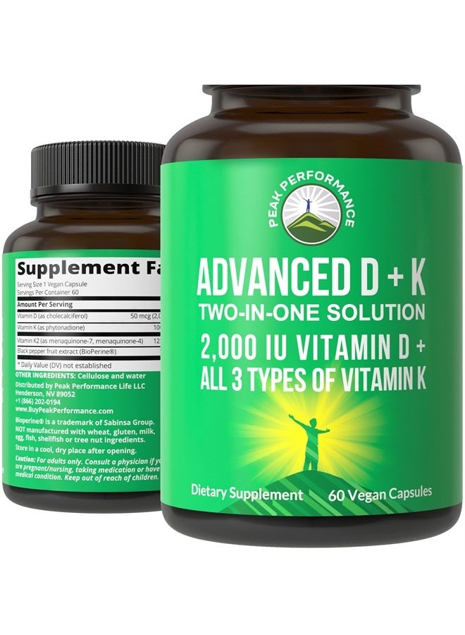 Peak Performance Advanced Vitamin D 2000 IU with All 3 Types of Vitamin K Vitamin D3 and Vitamin K2, K1, MK-7 (MK7), MK4 Supplements. 60 Small and Easy to Swallow Vegetable Pills (2000 IU) - Image 1