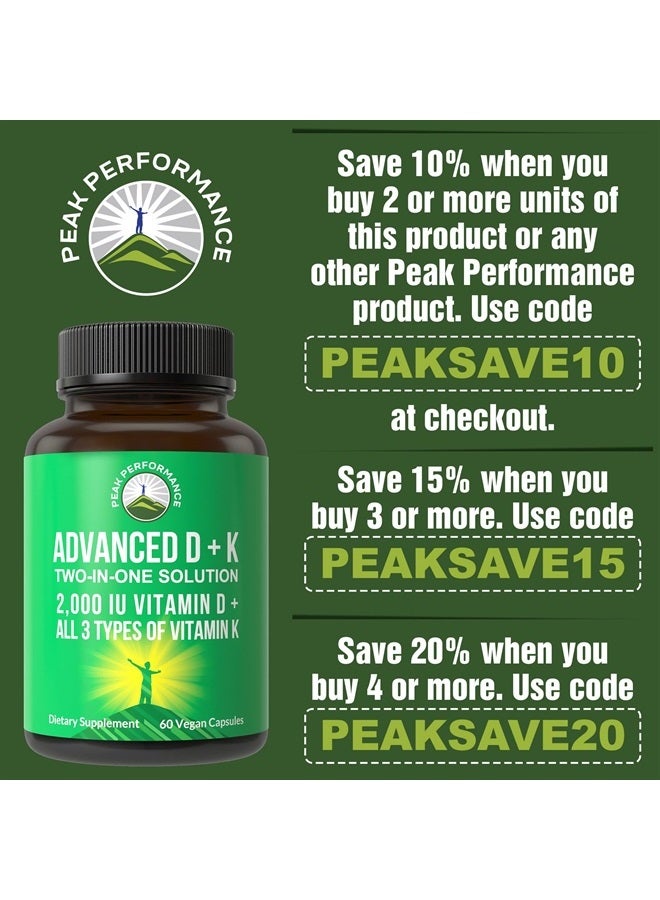 Peak Performance Advanced Vitamin D 2000 IU with All 3 Types of Vitamin K Vitamin D3 and Vitamin K2, K1, MK-7 (MK7), MK4 Supplements. 60 Small and Easy to Swallow Vegetable Pills (2000 IU) - Image 5