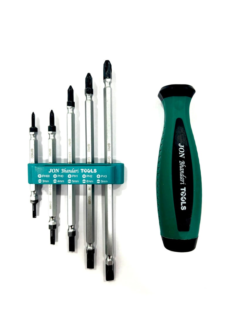 Jon Bhandari Tools 5-in-1 Screwdriver Set | Slotted (3mm–8mm) & Phillips (PH00–PH3) | Multipurpose Precision Tool Kit for Home, Electrical & DIY Use - Image 2