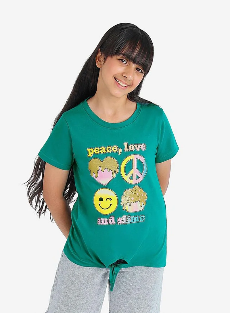 Bonkids Regular Fit Printed Green Cotton T-Shirt For Girls Round Neck Flat Collar Pull On 100 % Cotton