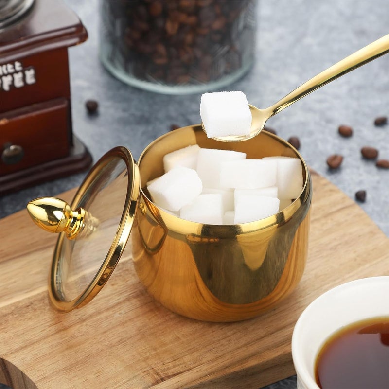 IBWell 10oz Sugar Bowl with Lid and Spoon Gold Sugar Container with Spoon for Coffee Bar Kitchen Accessories for Seasoning Sugar Salt Coffee Bean - Image 3