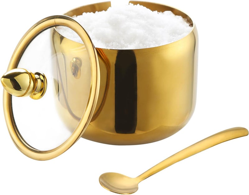 IBWell 10oz Sugar Bowl with Lid and Spoon Gold Sugar Container with Spoon for Coffee Bar Kitchen Accessories for Seasoning Sugar Salt Coffee Bean - Image 1