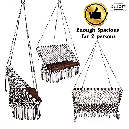 Patiofy Premium Large Double Seater Swing Chair/Hanging Hammock Swing Chair for 2 People/Jhula for Adults & Kids/ 2 Seater Swing for Balcony, Free Hanging Kit & Cushion Included-White-Brown - Image 5