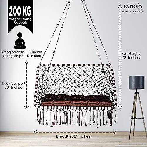 Patiofy Premium Large Double Seater Swing Chair/Hanging Hammock Swing Chair for 2 People/Jhula for Adults & Kids/ 2 Seater Swing for Balcony, Free Hanging Kit & Cushion Included-White-Brown - Image 3