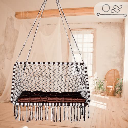 Patiofy Premium Large Double Seater Swing Chair/Hanging Hammock Swing Chair for 2 People/Jhula for Adults & Kids/ 2 Seater Swing for Balcony, Free Hanging Kit & Cushion Included-White-Brown - Image 1