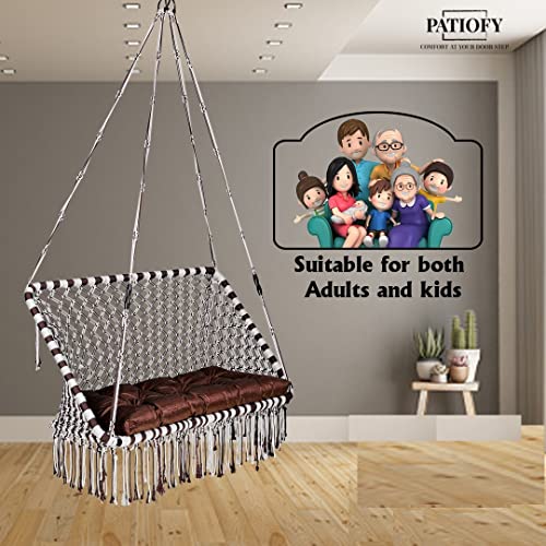 Patiofy Premium Large Double Seater Swing Chair/Hanging Hammock Swing Chair for 2 People/Jhula for Adults & Kids/ 2 Seater Swing for Balcony, Free Hanging Kit & Cushion Included-White-Brown - Image 2