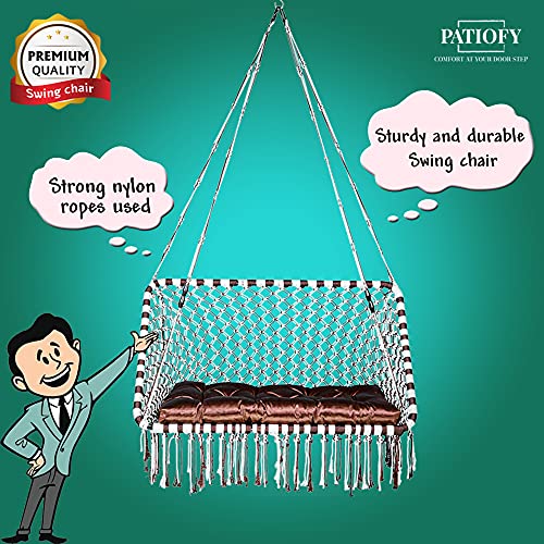 Patiofy Premium Large Double Seater Swing Chair/Hanging Hammock Swing Chair for 2 People/Jhula for Adults & Kids/ 2 Seater Swing for Balcony, Free Hanging Kit & Cushion Included-White-Brown - Image 4