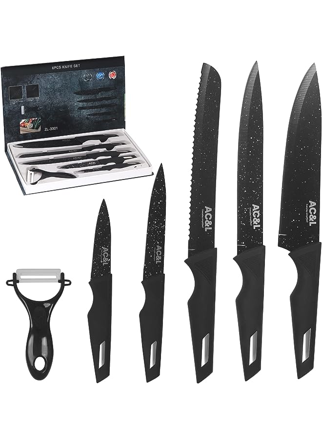 Raxoom Kitchen Knife Set [6 Pcs Set] Stainless Steel Kitchen Knives with Peeler, Non-stick Ripple Pattern Sharp Blades with Safe and Sturdy Handles for Slicing, Chopping, Cutting (Black) - Image 1