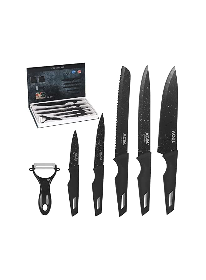 Raxoom Kitchen Knife Set [6 Pcs Set] Stainless Steel Kitchen Knives with Peeler, Non-stick Ripple Pattern Sharp Blades with Safe and Sturdy Handles for Slicing, Chopping, Cutting (Black) - Image 2