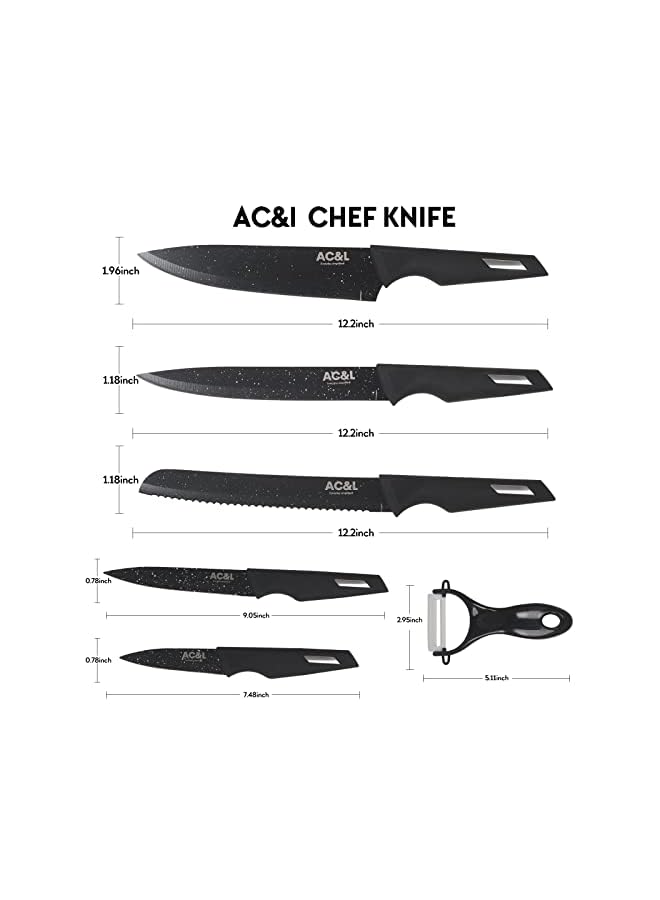 Raxoom Kitchen Knife Set [6 Pcs Set] Stainless Steel Kitchen Knives with Peeler, Non-stick Ripple Pattern Sharp Blades with Safe and Sturdy Handles for Slicing, Chopping, Cutting (Black) - Image 3