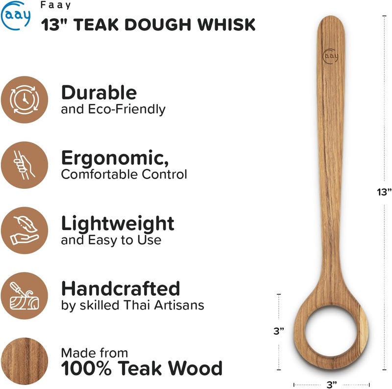 FAAY 13" Dough Whisk, 100% Healthy Teak Kitchen Utensils for Bread Mixing, Sourdough, Batter Preparation, Baking, and Cooking Tools - Image 2