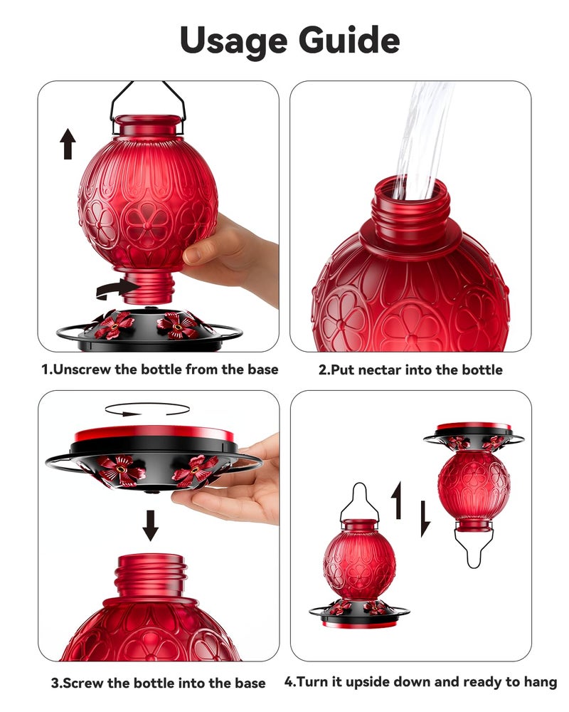 solawngarden 26Oz Hummingbird Feeder for Outdoors, Vintage Glass Bird Feeder with Perch, Durable & Easy to Clean, Hanging Nectar Feeder for Garden, Yard, Deck â€“ Gift for Bird Lovers (Red) - Image 5