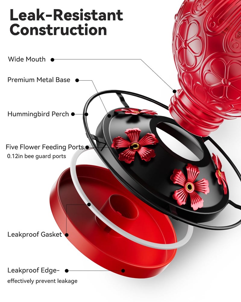 solawngarden 26Oz Hummingbird Feeder for Outdoors, Vintage Glass Bird Feeder with Perch, Durable & Easy to Clean, Hanging Nectar Feeder for Garden, Yard, Deck â€“ Gift for Bird Lovers (Red) - Image 2