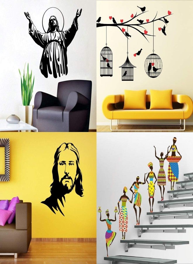 Walltech Combo of 4 Wall Sticker Jesus Christ-(60 x 50 cms) | Jesus Christ (60 x 68 cms) | Love Birds with Hearts-(125 x 85 cms) | Tribal Lady-(180 x 60 cms) - Material Vinyl - Image 1