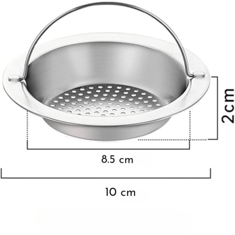 Large Stainless Steel Sink Strainer with Handle, Kitchen Drain Basket Filter Stopper, Food Blockage Waste Strainer, Net Strainer Sink Drainer for Kitchen and Bathroom, Sink Hole size 8.5cm to 10cm