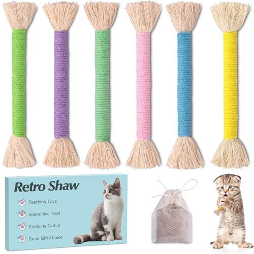 Retro Shaw Cat Toys Ropes with Catnip 6Pcs, Safe Teething Cleaning Kitten Toys for Indoor Cats Kitty, Interactive Cat Nip Chew Toys Kicker - Image 1