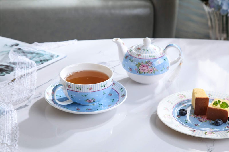 London Boutique Coffee Tea Cup and Saucer Set 4 Shabby Chic Vintage Porcelain Bird Butterfly Flora Gift Box 7.5OZ (Rose Blue) - Image 5