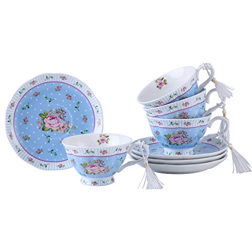 London Boutique Coffee Tea Cup and Saucer Set 4 Shabby Chic Vintage Porcelain Bird Butterfly Flora Gift Box 7.5OZ (Rose Blue) - Image 2