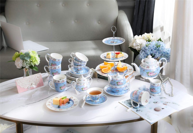 London Boutique Coffee Tea Cup and Saucer Set 4 Shabby Chic Vintage Porcelain Bird Butterfly Flora Gift Box 7.5OZ (Rose Blue) - Image 3