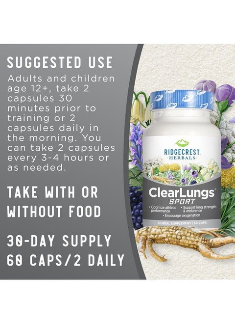 Ridgecrest Herbals ClearLungs Sport, Oxygen Intake and Lung Support Formula with Cordyceps, Rhodiola, Eleuthero (60 Vegan Caps, 30 Serv)