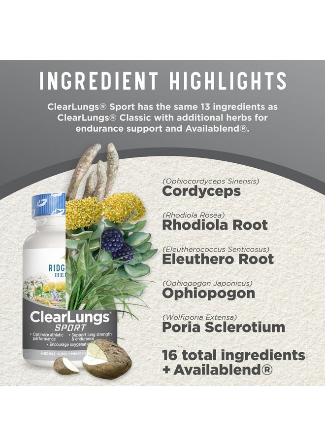 Ridgecrest Herbals ClearLungs Sport, Oxygen Intake and Lung Support Formula with Cordyceps, Rhodiola, Eleuthero (60 Vegan Caps, 30 Serv)