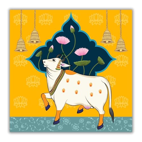 Casperme Kamdhenu Cow Vastu Prosperity Cotton Canvas Wall Painting For Living Room big size for Bedroom, Hotels & Office Decoration (Yellow, 36 x 36 inches) - Image 1
