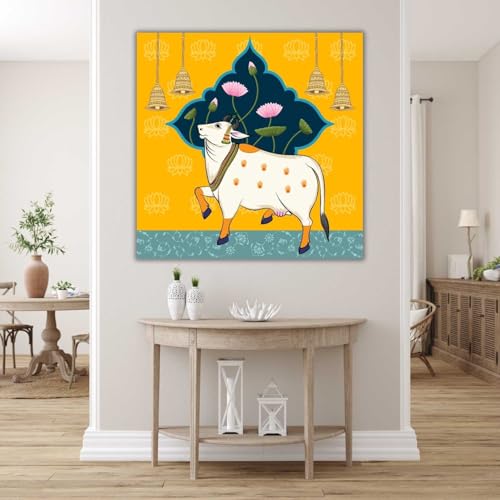 Casperme Kamdhenu Cow Vastu Prosperity Cotton Canvas Wall Painting For Living Room big size for Bedroom, Hotels & Office Decoration (Yellow, 36 x 36 inches) - Image 2