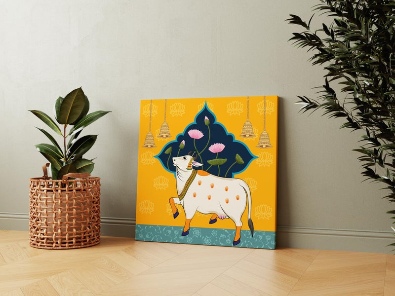 Casperme Kamdhenu Cow Vastu Prosperity Cotton Canvas Wall Painting For Living Room big size for Bedroom, Hotels & Office Decoration (Yellow, 36 x 36 inches) - Image 3