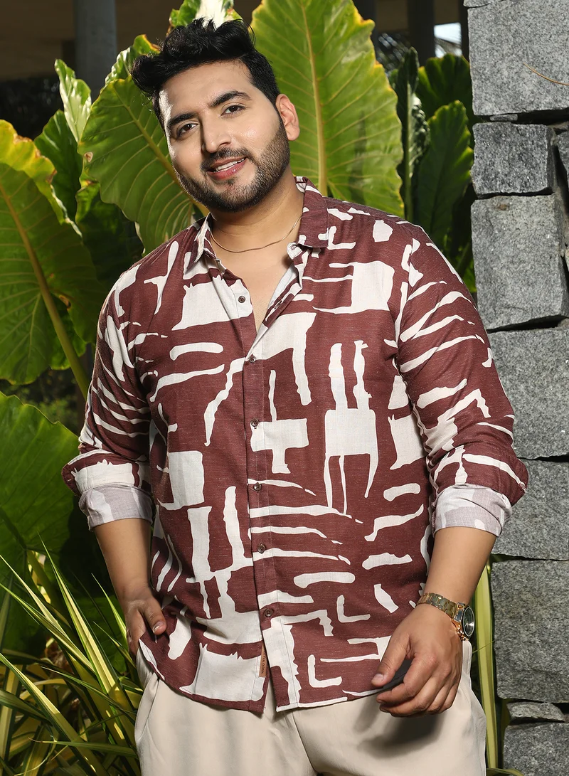 Instafab Plus Instafab Plus Men's Ivory White & Chocolate Brown Abstructural Shirt For Casual Wear | Spread Collar | Long Sleeves | Button Closure | Plus Size Shirt Crafted With Comfort Fit For Everyday Wear