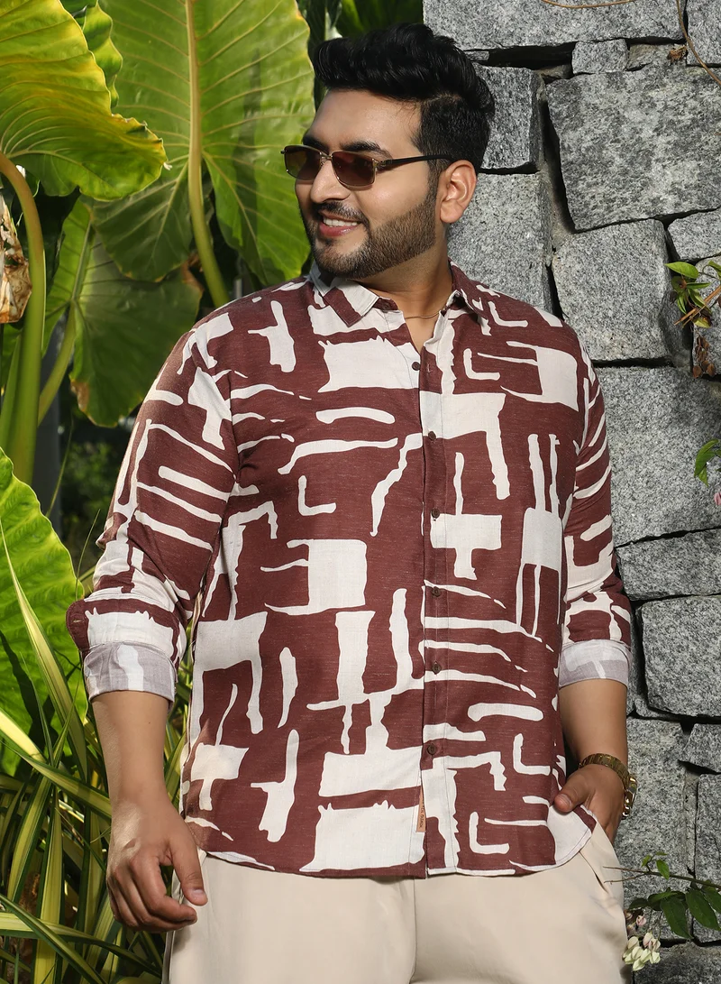 Instafab Plus Instafab Plus Men's Ivory White & Chocolate Brown Abstructural Shirt For Casual Wear | Spread Collar | Long Sleeves | Button Closure | Plus Size Shirt Crafted With Comfort Fit For Everyday Wear